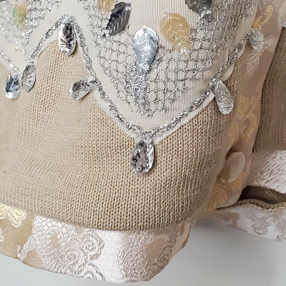 Storybook Knits Stunning Silver Cardigan Sweater, Silver and Gold Leaves Sz LG - Picture 8 of 13